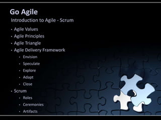 Go Agile
• Agile Values
• Agile Principles
• Agile Triangle
• Agile Delivery Framework
• Envision
• Speculate
• Explore
• Adapt
• Close
• Scrum
• Roles
• Ceremonies
• Artifacts
Introduction to Agile - Scrum
 