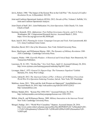 80
Jervis, Robert. 1980. “The Impact of the Korean War on the Cold War.” The Journal of Conflict
Resolution 24, no. 4 (December): 563-592.
Joint and Coalition Operational Analysis (JCOA). 2012. Decade of War, Volume I. Suffolk, VA:
Joint and Coalition Operational Analysis.
Joint Chiefs of Staff. 2011. Joint Publication 3-0, Joint Operations. Falls Church, VA: Joint
Chiefs of Staff.
Katzman, Kenneth. 2016. Afghanistan: Post-Taliban Governance Security, and U.S. Policy.
Washington, DC: Congressional Research Service. Accessed March 5, 2016.
https://www.fas.org/sgp/crs/row/RL30588.pdf.
Kem, Jack D. 2012. Planning for Action: Campaign Concepts and Tools. Fort Leavenworth, KS:
U.S. Army Combined Arms Center.
Kilcullen, David. 2013. Out of the Mountains. New York: Oxford University Press.
Knox, MacGregor, and Williamson Murray. 2001. The Dynamics of Military Revolution 1300-
2050. Cambridge : Cambridge University Press.
Laqueur, Walter. 1998. Guerrilla Warfare: A Historical and Critical Study. New Brunswick, NJ:
Transaction Publishers.
Lawrence, W. H. 1951. “On this Day.” New York Times, April 12. Accessed February 28, 2016.
http://www.nytimes.com/learning/general/onthisday/big/0411.html.
Levanger, John C. 1973. General Vo Nguyen Giap: The Vietnamese Napoleon? Carlisle
Barracks, PA: Army War College.
Lewis, Adrian R. 2012. The American Culture of War: A History of US Military Force from
World War II to Operation Enduring Freedom, 2nd ed.. New York, NY: Routledge.
Mahfouz, Asma. 2011. “Who said the Arab Women are Oppressed.” AsmaMahfouz.com.
Accessed March 26, 2016. http://web.archive.org/web/20110707122412/
http://asmamahfouz.com.
Military Medals.2016. “Korean War 1950-1953.” Accessed February 28, 2016.
http://militarymedals.com/militarycampaign/korean-war-1950-1953/.
Millett, Allan R., and Williamson Murray. 2009. Military Innovation in the Interwar Period.
New York: Cambridge University Press.
Mougel, Nadège. 2011. “World War I Casualties.” Reperes. Accessed January 28, 2016.
http://www.centre-robert-schuman.org/userfiles/files/REPERES%20–%20module%201-
1-1%20-%20explanatory%20notes%20–%20World%20War%20I%20casualties%20–
%20EN.pdf.
 