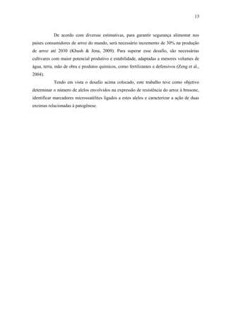 13
De acordo com diversas estimativas, para garantir segurança alimentar nos
países consumidores de arroz do mundo, será necessário incremento de 30% na produção
de arroz até 2030 (Khush & Jena, 2009). Para superar esse desafio, são necessárias
cultivares com maior potencial produtivo e estabilidade, adaptadas a menores volumes de
água, terra, mão de obra e produtos químicos, como fertilizantes e defensivos (Zeng et al.,
2004).
Tendo em vista o desafio acima colocado, este trabalho teve como objetivo
determinar o número de alelos envolvidos na expressão de resistência do arroz à brusone,
identificar marcadores microssatélites ligados a estes alelos e caracterizar a ação de duas
enzimas relacionadas à patogênese.
 
