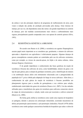 da cultura é um dos principais objetivos de programas de melhoramento do arroz, pois
visam à redução das perdas de produção provocadas pela doença. Estas técnicas de
manejo, por sua vez, são dependentes umas das outras e de grande importância no controle
de doenças, pois são medidas economicamente mais viáveis e ambientalmente mais
seguras, principalmente quando comparadas com o uso apenas do controle químico (Silva,
1993).
2.4 RESISTÊNCIA GENÉTICA A BRUSONE
De acordo com Bueno et al. (2006), a resistência aos agentes fitopatogênicos
assume papel muito importante ao se considerar que, geralmente, o número de cultivares
aprovadas e disponíveis aos agricultores é relativamente pequeno. Algumas doenças de
graves conseqüências somente podem ser controladas pelo uso de cultivares resistentes,
como por exemplo, as viroses da cana-de-açúcar, do feijão e de outras culturas, várias
doenças fúngicas e bacterioses.
É de grande importância o conhecimento das bases genéticas da reação de
resistência à brusone das cultivares de arroz, como herdabilidade, número de genes e do
tipo de ação gênica; para a seleção de genótipos resistentes, pois a identificação do número
e da combinação desses alelos está intimamente relacionada com a patogenicidade da
população de P. grisea obtida pela adaptação do fungo às novas cultivares. Além disso, o
conhecimento da ação gênica da reação de resistência à brusone possibilita um
planejamento rigoroso para a escolha do germoplasma e nos critérios para seleção,
estabelecendo rotatividade dos genes de resistência (Nunes et al., 2007). Um dos métodos
utilizados para a transferência dos genes de resistência para cultivares comerciais através
de etapas de retrocruzamentos e seleção, tendo como pai recorrente a cultivar comercial
(Bueno et al., 2006).
De forma geral, define-se resistência como sendo uma resposta do hospedeiro
ao patógeno, durante o processo de colonização intracelular, ocorrendo mecanismos de
defesa pré-penetração (preexistentes) e pós-penetração (induzidos). Russell (1978) define
resistência como sendo qualquer característica herdada do hospedeiro que reduz o efeito do
 