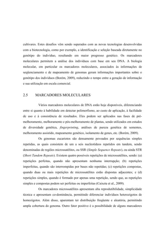 cultivares. Estes desafios vêm sendo superados com as novas tecnologias desenvolvidas
com a biotecnologia, como por exemplo, a identificação e seleção baseada diretamente no
genótipo do indivíduo, resultando em maior progresso genético. Os marcadores
moleculares permitem a análise dos indivíduos com base em seu DNA. A biologia
molecular, em particular os marcadores moleculares, associados às informações de
seqüenciamento e de mapeamento de genomas geram informações importantes sobre o
genótipo dos indivíduos (Borém, 2009), reduzindo o tempo entre a geração de informação
e sua utilização em escala comercial.
2.5 MARCADORES MOLECULARES
Vários marcadores moleculares de DNA estão hoje disponíveis, diferenciando
entre si quanto à habilidade em detectar polimorfismo, ao custo de aplicação, à facilidade
de uso e à consistência de resultados. Eles podem ser aplicados nas fases de pré-
melhoramento, melhoramento e pós-melhoramento de plantas, sendo utilizados em estudos
de diversidade genética, fingerprinting, análises de pureza genética de sementes,
melhoramento assistido, mapeamento genético, isolamento de genes, etc. (Borém, 2009).
Os genomas eucariotos são densamente povoados por sequências simples
repetidas, as quais consistem de um a seis nucleotídeos repetidos em tandem, sendo
denominadas de regiões microssatélites, ou SSR (Simple Sequence Repeats), ou ainda STR
(Short Tandem Repeats). Existem quatro possíveis repetições de microssatélites, sendo: (a)
repetições perfeitas, quando não apresentam nenhuma interrupção; (b) repetições
imperfeitas, quando são interrompidas por bases não repetidas; (c) repetições compostas,
quando duas ou mais repetições de microssatélites estão dispostas adjacentes; e (d)
repetições simples, quando é formado por apenas uma repetição, sendo que, as repetições
simples e compostas podem ser perfeitas ou imperfeitas (Caixeta et al., 2009).
Os marcadores microssatélites apresentam alta reprodutibilidade, simplicidade
técnica e apresentam co-dominância, permitindo diferenciar indivíduos heterozigotos de
homozigotos. Além disso, aparentam ter distribuição freqüente e aleatória, permitindo
ampla cobertura do genoma. Outro fator positivo é a possibilidade de alguns marcadores
 