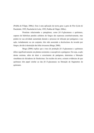 (Prabhu & Filippi, 2006c). Esta é uma aplicação da teoria gene a gene de Flor (Leite &
Pascholati, 1995; Pascholati & Leite, 1995; Prabhu & Filippi, 2006c).
Proteínas relacionadas a patogênese, como β-1-3-glucanases e quitinases,
capazes de hidrolisar paredes celulares de fungos são expressas constitutivamente, mas
podem ter sua atividade aumentada durante o processo de infecção por patógenos e sua
ação, isoladamente ou em conjunto, têm sido associada a decréscimos da invasão por
fungos, devido à destruição das hifas invasoras (Braga, 2008).
Braga (2008) explica que a taxa de produção β-1-3-glucanases e quitinases
difere significativamente em plantas resistentes e susceptíveis a patógenos. Em soja, a ação
destas enzimas, além de deter o crescimento de patógenos, determina a liberação
simultânea de eliciadores de fitoalexinas. Em tecidos de arroz, existem evidências de que
quitinases têm papel similar ao das β-1-3-glucanases na liberação de fragmentos de
quitosano.
 
