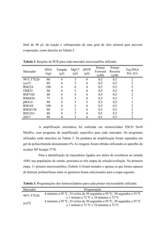 final de 40 µL da reação e sobreposição de uma gota de óleo mineral para prevenir
evaporação, como descrito na Tabela 2.
Tabela 2. Reações de PCR para cada marcador microssatélite utilizado.
Marcador
DNA
(ng)
Tampão
(µl)
MgCl2
(µl)
dNTP
(µl)
Primer
Forward
(µM)
Primer
Reverse
(µM)
Taq DNA
Pol. (U)
9871.T7E2b 80 4 3 4 0,5 0,5 2
yca72 80 4 3 4 0,5 0,5 2
RM224 100 4 6 4 0,5 0,5 2
OSR32 80 4 3 4 0,5 0,5 4
RM7102 40 4 4 4 0,5 0,5 2
RM6836 75 4 3 4 0,5 0,5 1
pBA14 80 4 3 5 0,5 0,5 1
RM144 100 4 3 4 0,5 0,5 2
RM28130 80 4 3 4 0,5 0,5 2
RM1261 80 4 3 4 0,5 0,5 2
JJ817 80 4 3 4 0,5 0,5 2
A amplificação enzimática foi realizada em termociclador ESCO Swift
MaxPro, com programa de amplificação específico para cada marcador. Os programas
utilizados estão descritos na Tabela 3. Os produtos de amplificação foram separados em
gel de poliacrilamida desnaturante 6% As imagens foram obtidas utilizando-se aparelho de
escâner HP Scanjet 3770.
Para a identificação de marcadores ligados aos alelos de resistência ao isolado
1049, nas populações de estudo, procedeu-se três etapas de seleção/avaliação. Na primeira
etapa, 11 primers microssatélites, (Tabela 1) foram testados e apenas os que foram capazes
de detectar polimorfismo entre os genitores foram selecionados para a etapa seguinte.
Tabela 3. Programações dos termocicladores para cada primer microssatélite utilizado.
Marcador Programação
9871.T7E2b
4 minutos a 95 ºC, 35 ciclos de 30 segundos a 95 ºC, 30 segundos a 55 ºC
e 1 minuto a 72 ºC e 10 minutos a 72 ºC
yca72
4 minutos a 95 ºC, 35 ciclos de 30 segundos a 95 ºC, 30 segundos a 55 ºC
e 1 minuto a 72 ºC e 10 minutos a 72 ºC
 