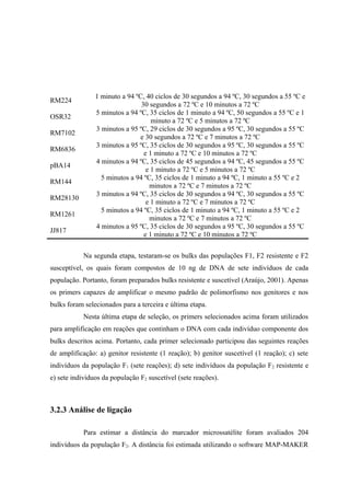 RM224
1 minuto a 94 ºC, 40 ciclos de 30 segundos a 94 ºC, 30 segundos a 55 ºC e
30 segundos a 72 ºC e 10 minutos a 72 ºC
OSR32
5 minutos a 94 ºC, 35 ciclos de 1 minuto a 94 ºC, 50 segundos a 55 ºC e 1
minuto a 72 ºC e 5 minutos a 72 ºC
RM7102
3 minutos a 95 ºC, 29 ciclos de 30 segundos a 95 ºC, 30 segundos a 55 ºC
e 30 segundos a 72 ºC e 7 minutos a 72 ºC
RM6836
3 minutos a 95 ºC, 35 ciclos de 30 segundos a 95 ºC, 30 segundos a 55 ºC
e 1 minuto a 72 ºC e 10 minutos a 72 ºC
pBA14
4 minutos a 94 ºC, 35 ciclos de 45 segundos a 94 ºC, 45 segundos a 55 ºC
e 1 minuto a 72 ºC e 5 minutos a 72 ºC
RM144
5 minutos a 94 ºC, 35 ciclos de 1 minuto a 94 ºC, 1 minuto a 55 ºC e 2
minutos a 72 ºC e 7 minutos a 72 ºC
RM28130
3 minutos a 94 ºC, 35 ciclos de 30 segundos a 94 ºC, 30 segundos a 55 ºC
e 1 minuto a 72 ºC e 7 minutos a 72 ºC
RM1261
5 minutos a 94 ºC, 35 ciclos de 1 minuto a 94 ºC, 1 minuto a 55 ºC e 2
minutos a 72 ºC e 7 minutos a 72 ºC
JJ817
4 minutos a 95 ºC, 35 ciclos de 30 segundos a 95 ºC, 30 segundos a 55 ºC
e 1 minuto a 72 ºC e 10 minutos a 72 ºC
Na segunda etapa, testaram-se os bulks das populações F1, F2 resistente e F2
susceptível, os quais foram compostos de 10 ng de DNA de sete indivíduos de cada
população. Portanto, foram preparados bulks resistente e suscetível (Araújo, 2001). Apenas
os primers capazes de amplificar o mesmo padrão de polimorfismo nos genitores e nos
bulks foram selecionados para a terceira e última etapa.
Nesta última etapa de seleção, os primers selecionados acima foram utilizados
para amplificação em reações que continham o DNA com cada indivíduo componente dos
bulks descritos acima. Portanto, cada primer selecionado participou das seguintes reações
de amplificação: a) genitor resistente (1 reação); b) genitor suscetível (1 reação); c) sete
indivíduos da população F1 (sete reações); d) sete indivíduos da população F2 resistente e
e) sete indivíduos da população F2 suscetível (sete reações).
3.2.3 Análise de ligação
Para estimar a distância do marcador microssatélite foram avaliados 204
indivíduos da população F2. A distância foi estimada utilizando o software MAP-MAKER
 