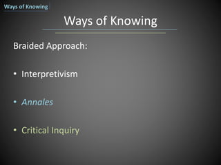 Ways of Knowing
Braided Approach:
• Interpretivism
• Annales
• Critical Inquiry
Ways of Knowing
 