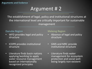 Argument # 2
Danube Region
• WFD provides legal and policy
structure
• ICDPR provides institutional
structure
• Literature finds basin nations
applying/working to apply
water resource management
based on internationally
recognized principles
Mekong Region
• Absence of legal and policy
structure
• GMS and MRC provide
institutional structure
• Literature finds water
management for ecosystem
protection and social well-
being largely non-existent
The establishment of legal, policy and institutional structures at
the international level are critically important for sustainable
management
Arguments and Evidence
 