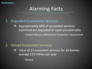 Alarming Facts
1. Degraded Ecosystems Services
 Approximately 60% of ecosystem services
examined are degraded or used unsustainably
- United Nations Millennium Ecosystem Assessment
2. Valued Ecosystem Services
 Value of 17 ecosystem services for 16 biomes
average $33 trillion per year
- Nature
Motivation
 