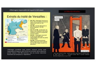 « Vous avez encore le choix : voulez-vous qu'on vous fasse les poches avant,
ou après votre mort ? » : Caricature parue dans le journal satirique
allemand Simplicissimus en juin 1919.
Le Diktat de Versailles
L’Allemagne responsable de la guerre doit payer.
L'Allemagne considérée (avec empires centraux) comme seule
responsable de la guerre, perd 15% de son territoire, doit se désarmer
(armée réduite à 100 000 hommes), verse de lourdes indemnités
financières aux vainqueurs (= réparations).
 