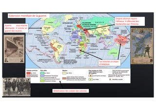 Empire ottoman rejoint
l'Alliance → offensive des
Dardanelles par l'Entente
Les colonies un enjeu
stratégique
Mobilisation des soldats des colonies.
Extension mondiale de la guerre.
Guerre sous-marine
allemande → entrée en
guerre des neutres.
 