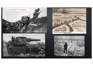 Soldats anglais à l’assaut (bataille de la Somme, 1916)
L’artillerie lourde sur voie ferrée à Verdun (1916) : canon allemand de 420 mm
Les tranchées : les combats
Le no man’s land à Verdun
 