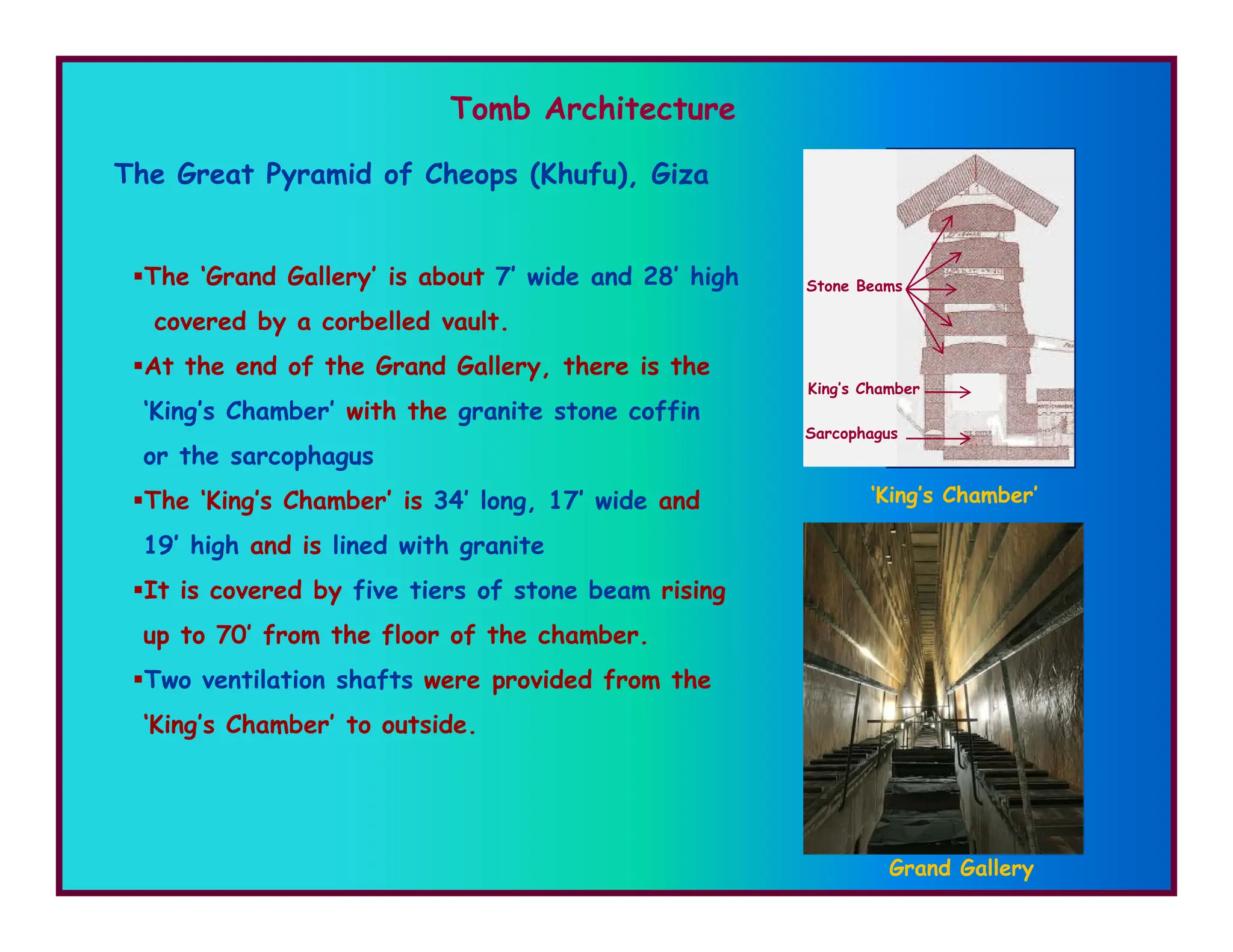 The ‘Grand Gallery’ is about 7’ wide and 28’ high
covered by a corbelled vault.
At the end of the Grand Gallery, there is the
‘King’s Chamber’ with the granite stone coffin
or the sarcophagus
Tomb Architecture
The Great Pyramid of Cheops (Khufu), Giza
Sarcophagus
King’s Chamber
Stone Beams
The ‘King’s Chamber’ is 34’ long, 17’ wide and
19’ high and is lined with granite
It is covered by five tiers of stone beam rising
up to 70’ from the floor of the chamber.
Two ventilation shafts were provided from the
‘King’s Chamber’ to outside.
Grand Gallery
‘King’s Chamber’
 