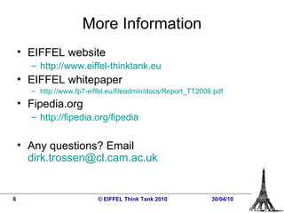 More Information EIFFEL website http://www.eiffel-thinktank.eu EIFFEL whitepaper http://www.fp7-eiffel.eu/fileadmin/docs/Report_TT2008.pdf Fipedia.org http://fipedia.org/fipedia Any questions? Email  [email_address]     © EIFFEL Think Tank 2010 30/04/10 