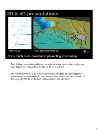 The offshore construction and inspection industry is very conservative, but has to a
large degree moved away from traditional 2D presentations
The reason is obvious – a 2D representation is not very good a presenting spatial
information – here two examples from Statoil – 2D to the left and 3D to the right of
the same site. The 3D is intuitively faster and easier to understand
7
 