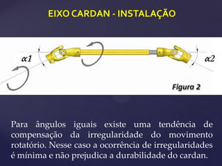 EIXO CARDAN - INSTALAÇÃO
Para ângulos iguais existe uma tendência de
compensação da irregularidade do movimento
rotatório. Nesse caso a ocorrência de irregularidades
é mínima e não prejudica a durabilidade do cardan.
 