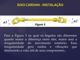 EIXO CARDAN - INSTALAÇÃO
Para a Figura 3 na qual os ângulos são diferentes
quanto maior a diferença entre eles, maior será a
irregularidade do movimento rotatório. Essa
irregularidade gera ruídos e vibrações que
diminuirão a vida útil de seus componentes..
 