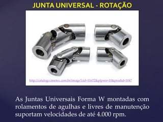 JUNTA UNIVERSAL - ROTAÇÃO
http://catalogo.imetex.com.br/image?cid=11672&plpver=10&prodid=1047
As Juntas Universais Forma W montadas com
rolamentos de agulhas e livres de manutenção
suportam velocidades de até 4.000 rpm.
 