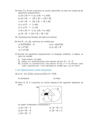 94.Sean A y B dos conjuntos no vacíos, determine el valor de verdad de las
siguientes proposiciones:
a) (A ⊆ B) ↔ ∀x [(x ∈A) → (x ∈B)]
b) (A ⊆ B) → [(A ⊆ B) ∧ ¬(B ⊆ A)]
c) (A ⊂ B) → [(A ⊆ B) ∧ (B ⊆ A)]
d) (x ∈∅) → (x ∉A)
e) (x ∈∅) → (x ∈A)
f) (A ⊆ B) ↔ ∃x [(x ∈A) → (x ∈B)]
g) (A = B) → [(A ⊂ B) ∧ (B ⊂ A)]
95. Parafrasee los literales del ejercicio anterior.
96.Sea B = {*, α}, entonces es verdad que:
a) N (P(P(B))) = 8 d) {*, α}∉P (B)
b) * ∈P (B)
c) ∅ ∈P (B)
e) {*,α} ⊂ B
97.Escriba las siguientes proposiciones en lenguaje simbólico e indique su
valor de verdad.
I) Todo número es impar.
II) Existe un x perteneciente a los enteros tal que 3x2
− 5 = 0.
III) Si existe un x perteneciente a los enteros tal que x + 1< 0, entonces para
todo x perteneciente a los naturales se cumple que x es un entero.
1.10 Operaciones entre conjuntos
98.Si A = {∅, {∅}}, entonces {∅} ∈ A ∩ P(A).
a) Verdadero b) Falso
99.Sean A, B, C conjuntos no vacíos. Respecto del siguiente diagrama de
Venn.
Re
B
A
C
La región sombreada corresponde a:
a) (A ∩ B) − C d) (A − B) ∩ C
b) (A ∩ B) − A
c) (A ∪ B) − C
e) (B − A) ∪ C
 