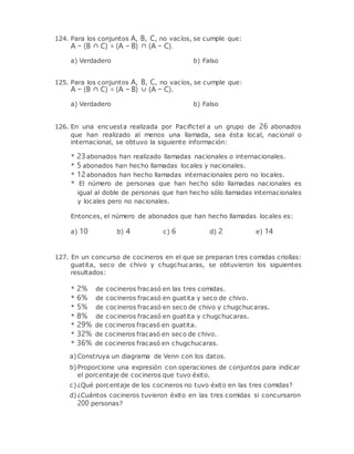 124. Para los conjuntos A, B, C, no vacíos, se cumple que:
A − (B ∩ C) = (A − B) ∩ (A − C).
a) Verdadero b) Falso
125. Para los conjuntos A, B, C, no vacíos, se cumple que:
A − (B ∩ C) = (A − B) ∪ (A − C).
a) Verdadero b) Falso
126. En una encuesta realizada por Paciﬁctel a un grupo de 26 abonados
que han realizado al menos una llamada, sea ésta local, nacional o
internacional, se obtuvo la siguiente información:
* 23abonados han realizado llamadas nacionales o internacionales.
* 5 abonados han hecho llamadas locales y nacionales.
* 12abonados han hecho llamadas internacionales pero no locales.
* El número de personas que han hecho sólo llamadas nacionales es
igual al doble de personas que han hecho sólo llamadas internacionales
y locales pero no nacionales.
Entonces, el número de abonados que han hecho llamadas locales es:
a) 10 b) 4 c) 6 d) 2 e) 14
127. En un concurso de cocineros en el que se preparan tres comidas criollas:
guatita, seco de chivo y chugchucaras, se obtuvieron los siguientes
resultados:
* 2% de cocineros fracasó en las tres comidas.
* 6% de cocineros fracasó en guatita y seco de chivo.
* 5% de cocineros fracasó en seco de chivo y chugchucaras.
* 8% de cocineros fracasó en guatita y chugchucaras.
* 29% de cocineros fracasó en guatita.
* 32% de cocineros fracasó en seco de chivo.
* 36% de cocineros fracasó en chugchucaras.
a) Construya un diagrama de Venn con los datos.
b) Proporcione una expresión con operaciones de conjuntos para indicar
el porcentaje de cocineros que tuvo éxito.
c) ¿Qué porcentaje de los cocineros no tuvo éxito en las tres comidas?
d) ¿Cuántos cocineros tuvieron éxito en las tres comidas si concursaron
200 personas?
 