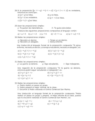 28.Si la proposición [(p → ¬ q) → (r ∧ ¬ s)] ∧ [ p ∧ (¬ r ∧ s)] es verdadera,
entonces es cierto que:
a) (p ∨ q) es falsa. d) q es falsa.
b) (q ∧ s) es verdadera.
c) [(r ∨ s) ∧ q] es falsa.
e) (p ∧ ¬r) es falsa.
29.Sean las proposiciones simples:
a: Te gustan las matemáticas. b: Te gusta este deber.
Traduzca las siguientes proposiciones compuestas al lenguaje común:
a) ¬a ∨ b b) a ∧ ¬ b c) a → b d) ¬ b → ¬a e) (a ∨ ¬ a) → b
30.Dadas las proposiciones simples:
p: Necesito un doctor.
q: Necesito un abogado.
r: Tengo un accidente.
s: Estoy enfermo.
Una traducción al lenguaje formal de la proposición compuesta “Si estoy
enfermo, necesito undoctor; ysitengo unaccidente,necesito unabogado”, es:
a) (s → p) ∧ (¬ r → q) d) (s ∨ p) ∧ (r → q)
b) (s → p) ∧ (r → q)
c) (s ∧ p) ∧ (¬ r → q)
e) (s → p) ∧ (r ∧ q)
31.Dadas las proposiciones simples:
p: La guerra se detiene. q: Sigo estudiando. r: Sigo trabajando.
Una negación de la proposición compuesta “Si la guerra se detiene,
entonces podré seguir estudiando o trabajando”, es:
a) (¬p ∧ q) ∧ ¬r d) (¬ p ∨ q) ∧ ¬r
b) ¬( p ∧ q ∧ r)
c) ¬( p ∧ q ) ∧ ¬r
e) ¬[p → ( q ∨ r )]
32.Dadas las proposiciones simples:
p: Pedro realizó un paseo en grupo.
q: Pedro preparó el mejor informe de la clase.
r: Encontré a Pedro visitando el Centro Comercial San Marino.
Una traducción al lenguaje formal de la proposición compuesta “Pedro
realizó un paseo en grupo y preparó el mejor informe de la clase, puesto
que lo encontré visitando el Centro Comercial San Marino”, es:
a) (p ∧ ¬ q) → r d) r → (¬p ∧ q)
b) r →(¬ p ∨ ¬ q)
c) (¬p ∨ ¬ q) → r
e) r → (p ∧ q)
 