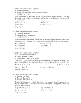 33.Dadas las proposiciones simples:
p: Hoy es domingo.
q: Tengo que estudiar teorías de aprendizaje.
r: Aprobaré el curso.
Una traducción al lenguaje formal de la proposición compuesta “Hoy es
domingo pero tengo que estudiar teorías de aprendizaje, o no aprobaré
el curso”, es:
a) (p ∧ q) ∨ r d) (p ∧ q) ∨ ¬r
b) p ∧ q ∧ r
c) (p ∨ q) ∨ r
e) (p ∧ q) → r
34. Dadas las proposiciones simples:
a: Luis llega a tiempo.
b: Luis se levanta temprano.
c: Luis desayuna.
Una traducción al lenguaje formal de la proposición compuesta “Para que
Luis desayune y llegue a tiempo es necesario que se levante temprano”, es:
a) c → (a ∧ b) d) (c ∧ a) →b
b) (a ∧ b) → c
c) a → (b ∧ c)
e) (c → b) ∧ a
35.Dadas las proposiciones simples:
m: Se realiza una gran ﬁesta.
n: Hago bien este deber.
p: Mis amigos están de acuerdo.
Una traducción al lenguaje formal de la proposición compuesta “Se realiza una
gran ﬁesta sólo si hago bien este deber y mis amigos están de acuerdo”, es:
a) (n ∧ ¬ p) → m d) m → (n ∧ p)
b) ¬p → (m ∧ n)
c) ¬(n ∧ ¬ p) ∨ m
e) ¬m → ¬(n ∧ p)
36.Dadas las proposiciones simples:
p: Estudio Historia.
q: Estudio Geografía.
r: Estudio Matemáticas.
Empleando tablas de verdad, identiﬁque una traducción al lenguaje formal
de la proposición compuesta “Si estudio Historia o Geografía, entonces
estudio Matemáticas”.
a) (p → r) ∧ (q → r) d) ¬r → (p ∧ q)
b) ¬p → (q ∧ r)
c) (p → r) ∧ ¬ q
e) q → (¬ p ∧ r)
 