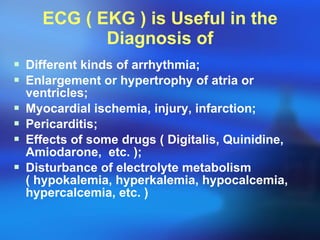 ECG ( EKG ) is Useful in the Diagnosis of Different kinds of arrhythmia; Enlargement or hypertrophy of atria or ventricles; Myocardial ischemia, injury, infarction; Pericarditis; Effects of some drugs ( Digitalis, Quinidine,  Amiodarone,  etc. ); Disturbance of electrolyte metabolism ( hypokalemia, hyperkalemia, hypocalcemia, hypercalcemia, etc. )  