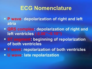 ECG Nomenclature P wave : depolarization of right and left atria QRS complex : depolarization of right and left ventricles  ( 0.06’’~0.10’’) ST segment : beginning of repolarization of both ventricles T wave : repolarization of both ventricles U wave : late repolarization 