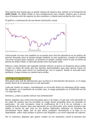 Otro patrón muy bueno que se puede utilizar de manera muy similar es la formación de
doble fondo. Un doble fondo es una configuración muy simple, implica que el precio
toca el mismo nivel de soporte en dos ocasiones y rebota hacia arriba las dos veces.
El gráfico a continuación da una buena ilustración visual:
Usted puede ver que este también es un patrón muy fácil de identificar en un gráfico de
precios desnudo, pero al mismo tiempo también es muy poderoso, cuando se combina
con otras razones para comprar. La premisa es simple, cuando usted ve que se forma un
patrón de doble fondo, el mercado puede estar buscando subir.
Observe cómo después del segundo mínimo inferior el precio se disparara hacia arriba
y sube en ondas de modo que hay muchas oportunidades aquí para quizás trazar un
Fibonacci y mirar para entrar en confluencias con el soporte, donde el mercado hace
pullback y luego retoma su camino hacia arriba.
Rango Diario Promedio
Otra pieza muy útil de información que involucra el movimiento del precio, es el rango
medio diario de la moneda que se está operando.
Cada par tendrá un rango y normalmente su recorrido diario no sobrepasa dicho rango.
Por ejemplo, en el momento de escribir esto, el rango promedio en el EUR/USD era de
132 pips por día.
Entonces, ¿cómo se puede utilizar esta información?
Bueno, digamos que usted está buscando para ir de largo y el par que está operando ya
ha caído de manera que ha excedido su rango diario promedio para ese período en
particular... En este escenario, tiene la confluencia de S & R en su entrada y su
confluencia de razones para una operación en esa dirección, pero ahora tenemos que
añadir el hecho de que está en sus límites habituales máximos en términos de
movimiento hacia abajo, por lo que ahora cualquier movimiento a la baja ya es
improbable, sobre todo porque el precio está llegando a un nivel esperado de soporte.
Por el contrario, digamos que quiere vender en ese momento, usted lo pensará dos
 