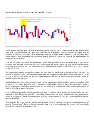 A continuación se muestra una ilustración visual:
Usted puede ver que por encima de la vela que se destaca en el cuadro amarillo se ha formado
una púa configurándose un “pin bar” (Patrón de reversión). Esto es válido, siempre que la
sombra sea mucho más larga que el cuerpo real de la vela. Básicamente lo que esto nos está
mostrando es que el precio ha tratado de seguir subiendo, pero no pudo y los vendedores lo
empujaron hacia abajo.
Este es un buen indicador de reversión, pero sólo cuando se usa en confluencia con otras
razones que apoyen la misma decisión para tomar el trade. Antes de que usted pueda tomar
cualquier patrón “pin bar” en serio debe tener la confirmación de la dirección, y el nivel en que
se formó la vela.
Un ejemplo de cómo se puede utilizar un “pin bar” es mediante la búsqueda del patrón, tan
pronto como haya una confluencia de razones para operar en esa dirección o tan pronto como
el precio alcanza un nivel de soporte/resistencia en el que se espera que pueda reaccionar y,
posiblemente dar un giro.
En el gráfico anterior, por ejemplo, usted podría pensar que la formación bajista era válida sólo
si había otras cosas, diciendo que el mercado podría bajar, como el flujo del mercado o altos y
bajos inferiores, o si había algunos niveles de soporte y resistencia en el mismo precio que el
patrón de vela se había formado.
Esto es sólo un ejemplo simple para ilustrar que el trading no tiene que ser complicado para ser
rentable y que las cosas simples, como las formaciones de velas pueden ser muy poderosas,
como la siguiente formación cuando se aplican en consonancia con los principios básicos que
aquí se enseñan.
Otro patrón de velas que se puede aplicar muy bien al trading con soporte/resistencia es el
patrón “inside bar”. Este se forma cuando una vela o un conjunto de velas, está contenido
dentro del rango de la vela anterior.
 