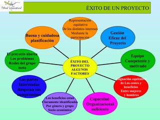 ÉXITO DE UN PROYECTO Buena y cuidadosa planificación El proyecto abarca Los problemas Reales del grupo meta Las partes  Interesadas Respetan sus compromisos Los beneficios estan Claramente identificados Por género y grupo Socio económico Capacidad  Organizacional suficiente Asignación equitativa de Los costes y  beneficios Entre mujeres y hombres Equipo  Competente y  motivado Gestión  Eficaz del  Proyecto Representación equitativa De los distintos intereses Mediante la  participación ÉXITO DEL  PROYECTO ALGUNOS  FACTORES 