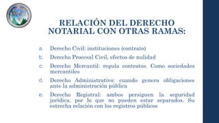RELACIÓN DEL DERECHO
NOTARIAL CON OTRAS RAMAS:
a. Derecho Civil: instituciones (contrato)
b. Derecho Procesal Civil, efectos de nulidad
c. Derecho Mercantil: regula contratos. Como sociedades
mercantiles
d. Derecho Administrativo: cuando genera obligaciones
ante la administración pública
e. Derecho Registral: ambos persiguen la seguridad
jurídica, por lo que no pueden estar separados. Su
estrecha relación con los registros públicos
 
