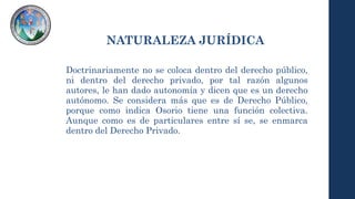 NATURALEZA JURÍDICA
Doctrinariamente no se coloca dentro del derecho público,
ni dentro del derecho privado, por tal razón algunos
autores, le han dado autonomía y dicen que es un derecho
autónomo. Se considera más que es de Derecho Público,
porque como indica Osorio tiene una función colectiva.
Aunque como es de particulares entre sí se, se enmarca
dentro del Derecho Privado.
 