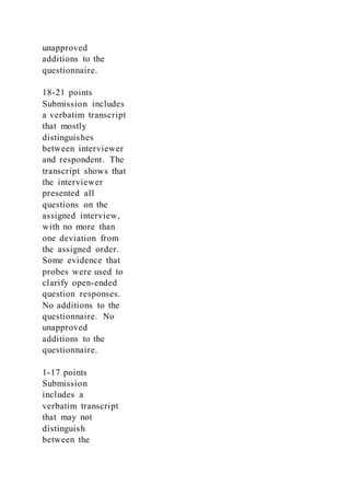 unapproved
additions to the
questionnaire.
18-21 points
Submission includes
a verbatim transcript
that mostly
distinguishes
between interviewer
and respondent. The
transcript shows that
the interviewer
presented all
questions on the
assigned interview,
with no more than
one deviation from
the assigned order.
Some evidence that
probes were used to
clarify open-ended
question responses.
No additions to the
questionnaire. No
unapproved
additions to the
questionnaire.
1-17 points
Submission
includes a
verbatim transcript
that may not
distinguish
between the
 