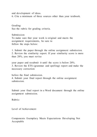 and development of ideas.
6. Cite a minimum of three sources other than your textbook.
Grading:
See the rubric for grading criteria.
Submission:
To make sure that your work is original and meets the
assignment requirements, be sure to
follow the steps below:
1. Submit the paper through the online assignment submission.
2. Review the similarity report. If your similarity score is more
than 20%, you must revise
your paper and resubmit it until the score is below 20%.
3. Review the ETS (grammar and spelling) report and make the
necessary correction
before the final submission.
4. Submit your final report through the online assignment
submission.
Submit your final report in a Word document through the online
assignment submission.
Rubric:
Level of Achievement
Components Exemplary Meets Expectations Developing Not
Acceptable
 