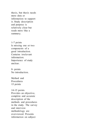 thesis, but thesis needs
more data or
information to support
it. Study description
and purpose is
relatively clear but
reads more like a
summary.
1-7 points
Is missing one or two
components of a
good introduction.
Contains irrelevant
information.
Importance of study
unclear.
0- points
No introduction.
Method and
Procedures
15 points
14-15 points
Provides an objective,
complete and accurate
description of the
methods and procedures
in the study. The survey
and interview
methodology are
overviewed. Presents
information on subject
 
