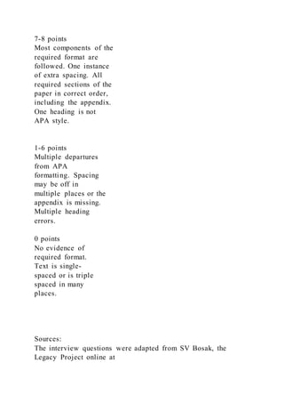 7-8 points
Most components of the
required format are
followed. One instance
of extra spacing. All
required sections of the
paper in correct order,
including the appendix.
One heading is not
APA style.
1-6 points
Multiple departures
from APA
formatting. Spacing
may be off in
multiple places or the
appendix is missing.
Multiple heading
errors.
0 points
No evidence of
required format.
Text is single-
spaced or is triple
spaced in many
places.
Sources:
The interview questions were adapted from SV Bosak, the
Legacy Project online at
 
