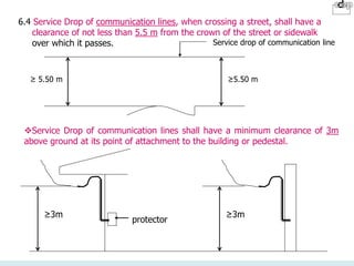 6.4 Service Drop of communication lines, when crossing a street, shall have a
clearance of not less than 5.5 m from the crown of the street or sidewalk
over which it passes.
≥ 5.50 m ≥5.50 m
Service drop of communication line
Service Drop of communication lines shall have a minimum clearance of 3m
above ground at its point of attachment to the building or pedestal.
≥3m
protector
≥3m
 