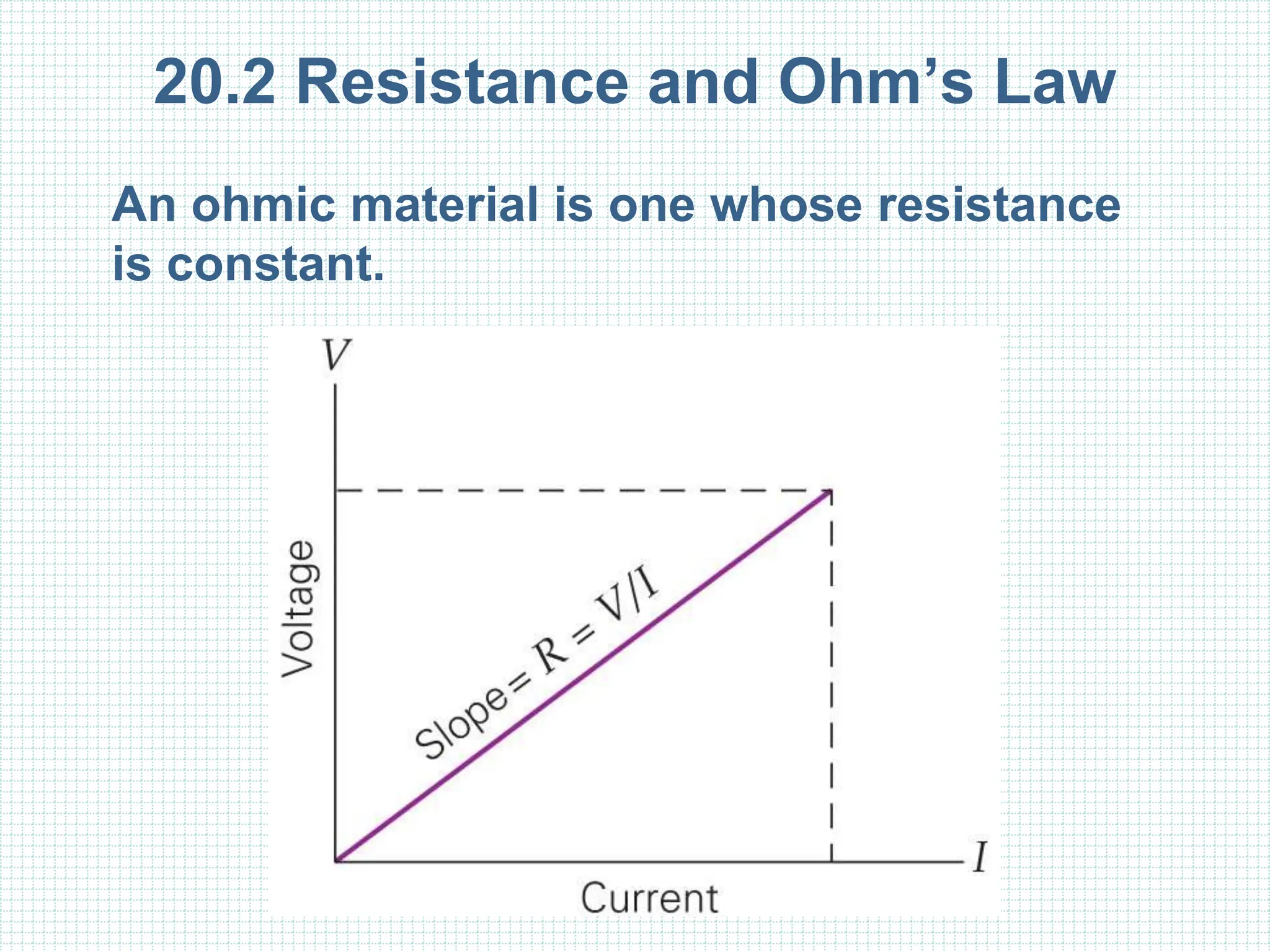 20.2 Resistance and Ohm’s Law
An ohmic material is one whose resistance
is constant.
 