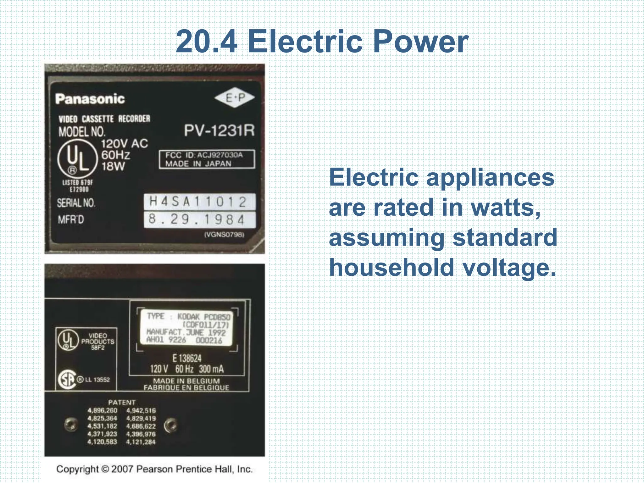 20.4 Electric Power
Electric appliances
are rated in watts,
assuming standard
household voltage.
 
