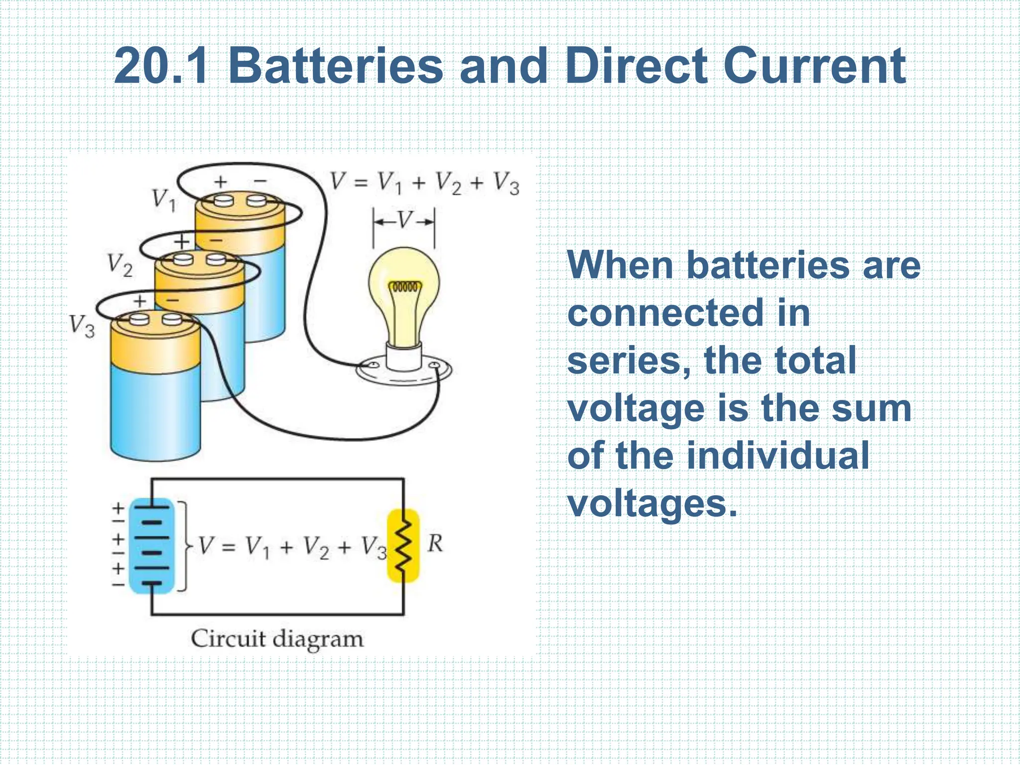 20.1 Batteries and Direct Current
When batteries are
connected in
series, the total
voltage is the sum
of the individual
voltages.
 