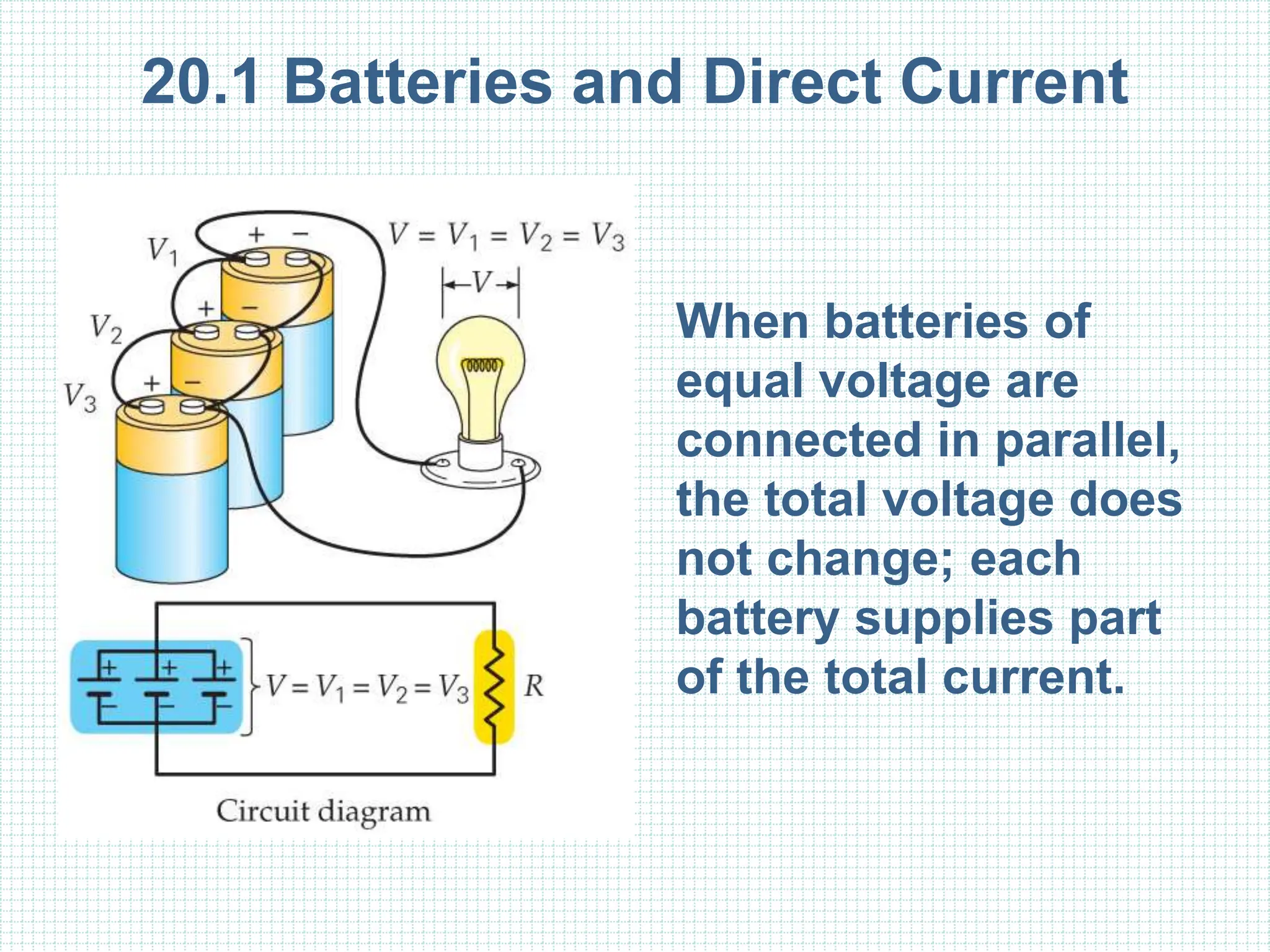 20.1 Batteries and Direct Current
When batteries of
equal voltage are
connected in parallel,
the total voltage does
not change; each
battery supplies part
of the total current.
 