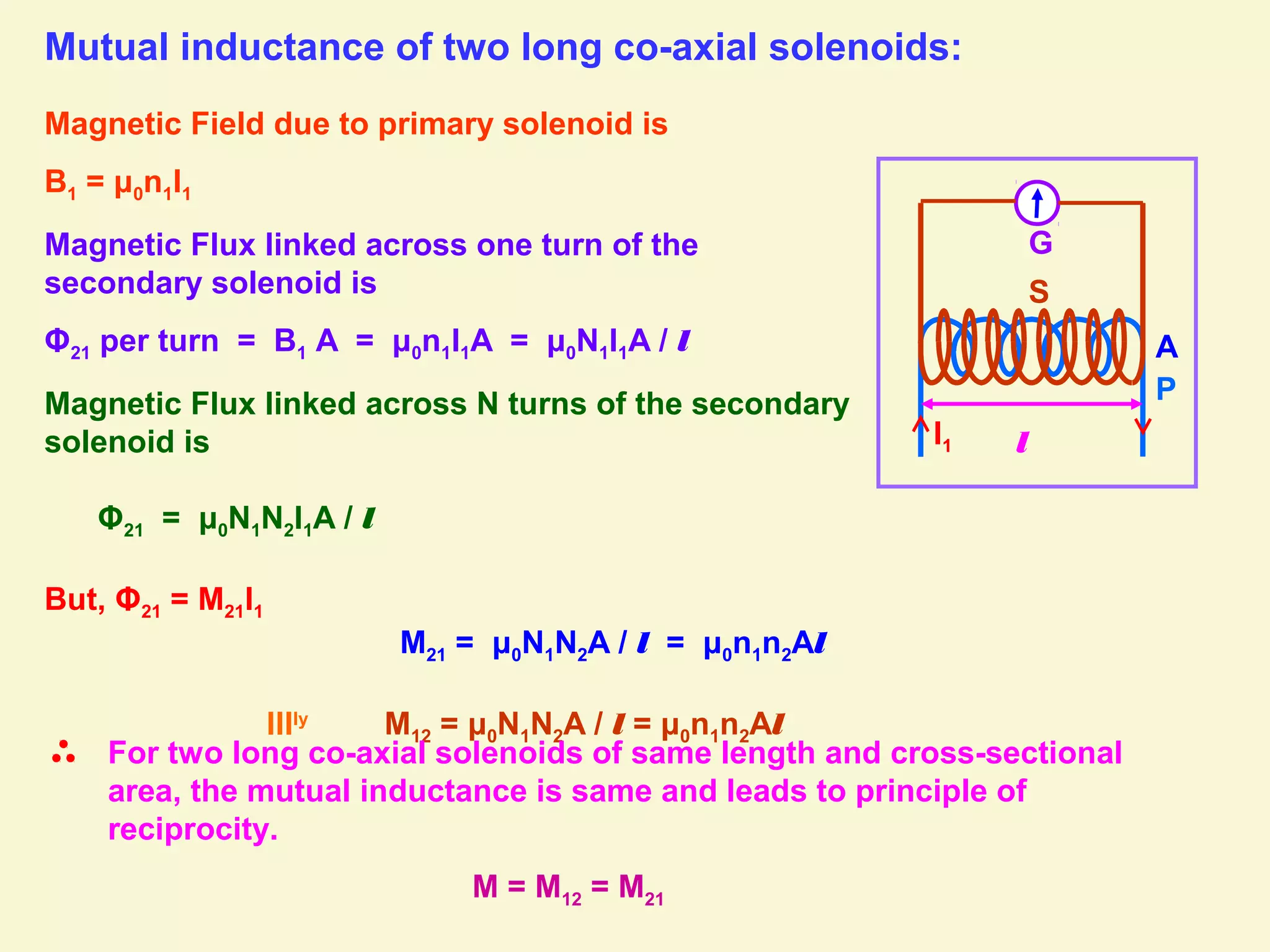 Mutual inductance of two long co-axial solenoids:
Magnetic Field due to primary solenoid is
B1 = μ0n1I1
Magnetic Flux linked across one turn of the
secondary solenoid is
Φ21 per turn = B1 A = μ0n1I1A = μ0N1I1A / l
Magnetic Flux linked across N turns of the secondary
solenoid is
Φ21 = μ0N1N2I1A / l
But, Φ21 = M21I1
M21 = μ0N1N2A / l = μ0n1n2Al
lllly
M12 = μ0N1N2A / l = μ0n1n2Al
A
For two long co-axial solenoids of same length and cross-sectional
area, the mutual inductance is same and leads to principle of
reciprocity.
M = M12 = M21
lI1
G
P
S
 