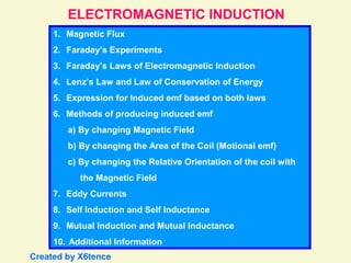 ELECTROMAGNETIC INDUCTION 
1. Magnetic Flux 
2. Faraday’s Experiments 
3. Faraday’s Laws of Electromagnetic Induction 
4. Lenz’s Law and Law of Conservation of Energy 
5. Expression for Induced emf based on both laws 
6. Methods of producing induced emf 
a) By changing Magnetic Field 
b) By changing the Area of the Coil (Motional emf) 
c) By changing the Relative Orientation of the coil with 
the Magnetic Field 
7. Eddy Currents 
8. Self Induction and Self Inductance 
9. Mutual Induction and Mutual Inductance 
10. Additional Information 
Created by X6tence 
 