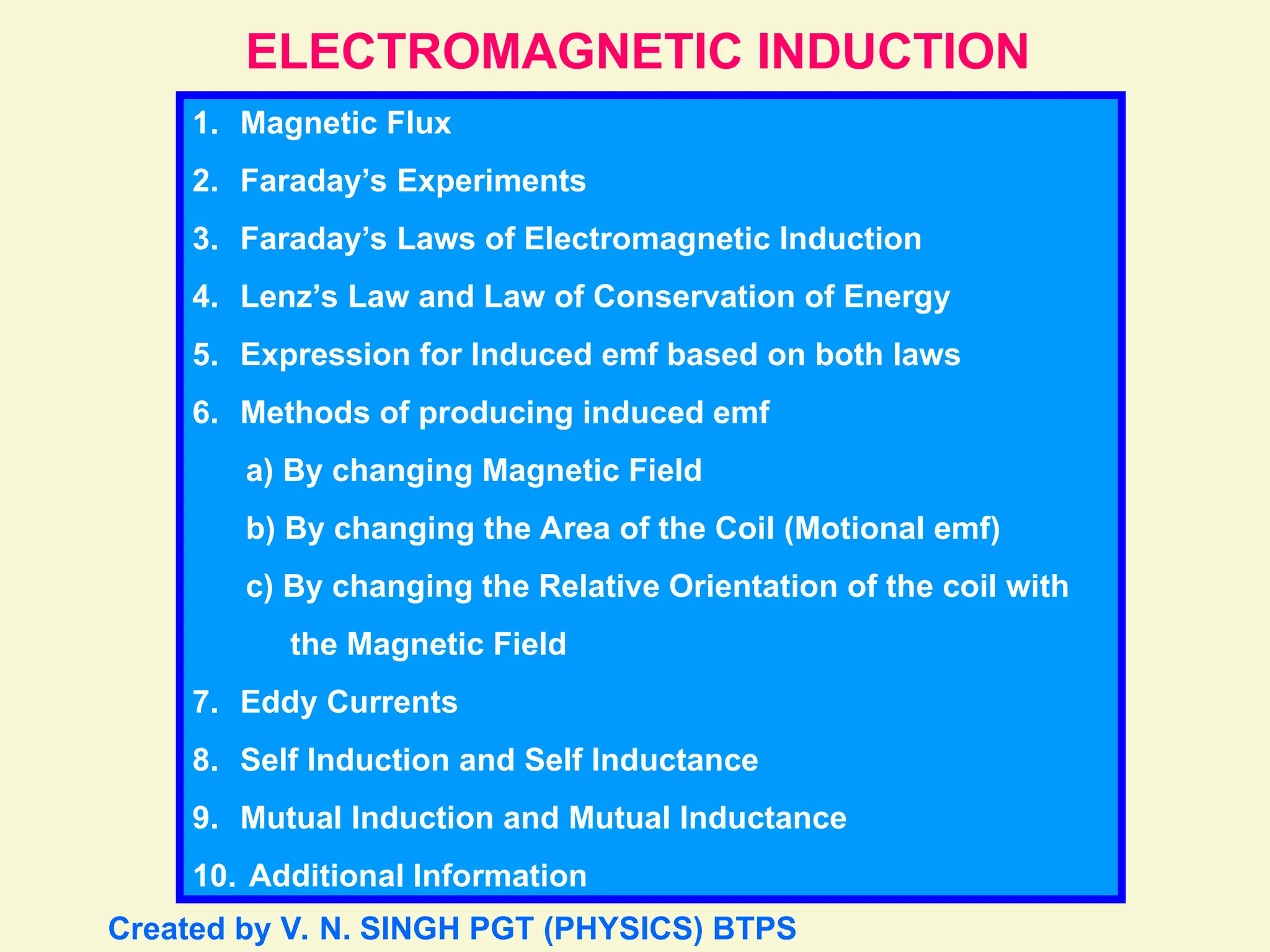 ELECTROMAGNETIC INDUCTION
1. Magnetic Flux
2. Faraday’s Experiments
3. Faraday’s Laws of Electromagnetic Induction
4. Lenz’s Law and Law of Conservation of Energy
5. Expression for Induced emf based on both laws
6. Methods of producing induced emf
a) By changing Magnetic Field
b) By changing the Area of the Coil (Motional emf)
c) By changing the Relative Orientation of the coil with
the Magnetic Field
7. Eddy Currents
8. Self Induction and Self Inductance
9. Mutual Induction and Mutual Inductance
10. Additional Information
Created by V. N. SINGH PGT (PHYSICS) BTPS
 