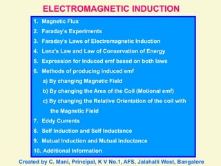 ELECTROMAGNETIC INDUCTION
1. Magnetic Flux
2. Faraday’s Experiments
3. Faraday’s Laws of Electromagnetic Induction
4. Lenz’s Law and Law of Conservation of Energy
5. Expression for Induced emf based on both laws
6. Methods of producing induced emf
a) By changing Magnetic Field
b) By changing the Area of the Coil (Motional emf)
c) By changing the Relative Orientation of the coil with
the Magnetic Field
7. Eddy Currents
8. Self Induction and Self Inductance
9. Mutual Induction and Mutual Inductance
10. Additional Information
Created by C. Mani, Principal, K V No.1, AFS, Jalahalli West, Bangalore
 