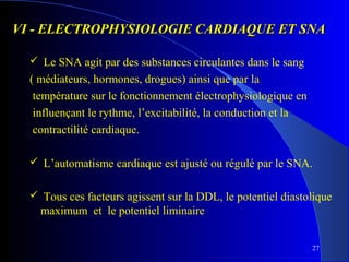 VI - ELECTROPHYSIOLOGIE CARDIAQUE ET SNA
 Le SNA agit par des substances circulantes dans le sang

( médiateurs, hormones, drogues) ainsi que par la
température sur le fonctionnement électrophysiologique en
influençant le rythme, l’excitabilité, la conduction et la
contractilité cardiaque.
 L’automatisme cardiaque est ajusté ou régulé par le SNA.
 Tous ces facteurs agissent sur la DDL, le potentiel diastolique

maximum et le potentiel liminaire
27

 