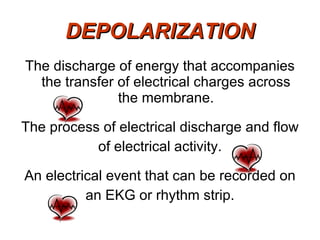 The discharge of energy that accompanies the transfer of electrical charges across the membrane. The process of electrical discharge and flow of electrical activity. An electrical event that can be recorded on an EKG or rhythm strip. DEPOLARIZATION 