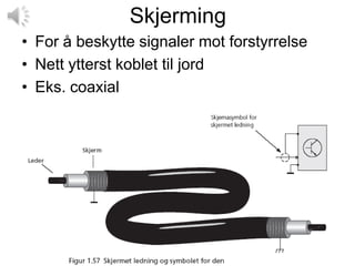 Skjerming
• For å beskytte signaler mot forstyrrelse
• Nett ytterst koblet til jord
• Eks. coaxial
 