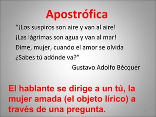 Apostrófica
“¡Los suspiros son aire y van al aire!
¡Las lágrimas son agua y van al mar!
Dime, mujer, cuando el amor se olvida
¿Sabes tú adónde va?”
Gustavo Adolfo Bécquer
19
El hablante se dirige a un tú, la
mujer amada (el objeto lírico) a
través de una pregunta.
 