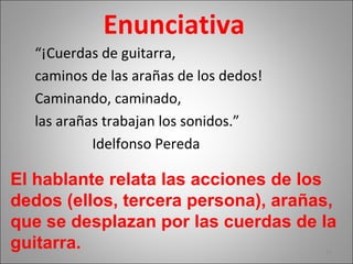 Enunciativa
“¡Cuerdas de guitarra,
caminos de las arañas de los dedos!
Caminando, caminado,
las arañas trabajan los sonidos.”
Idelfonso Pereda
21
El hablante relata las acciones de los
dedos (ellos, tercera persona), arañas,
que se desplazan por las cuerdas de la
guitarra.
 