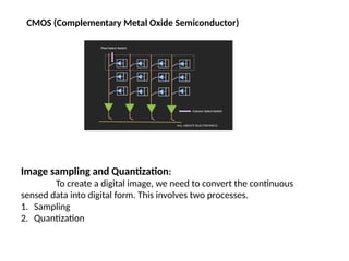 CMOS (Complementary Metal Oxide Semiconductor)
Image sampling and Quantization:
To create a digital image, we need to convert the continuous
sensed data into digital form. This involves two processes.
1. Sampling
2. Quantization
 